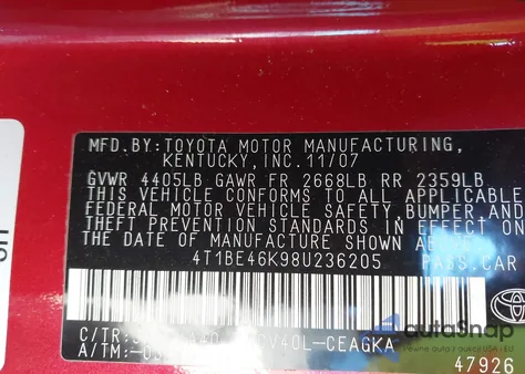 2008 Toyota Camry Xle z USA, uszkodzony, nr VIN 4T1BE46K98U236205